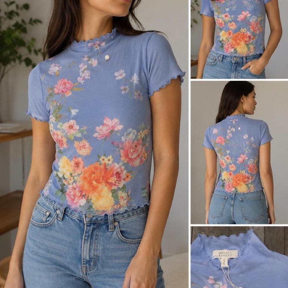 Chelsea & Violet Floral Mesh Mock Neck Top 🌸 (NWT)